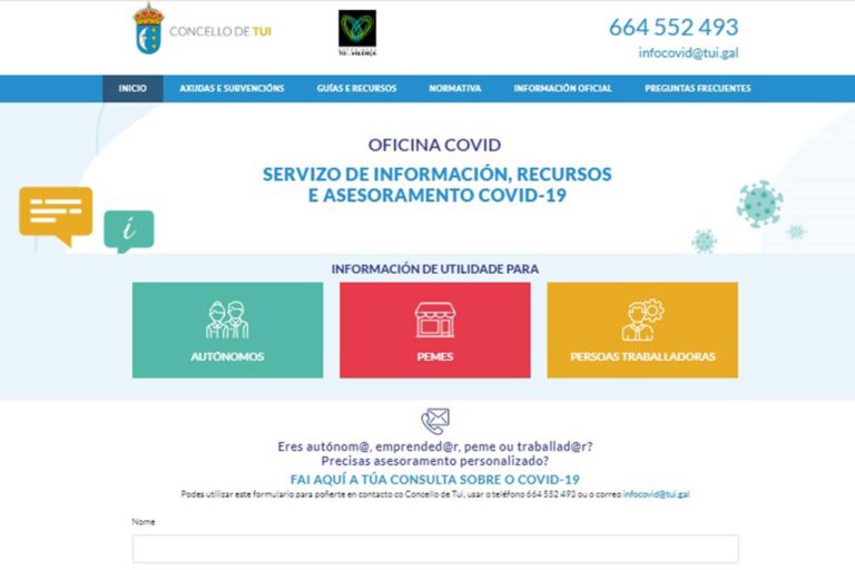 A web do Concello de Tui pon en marcha a ‘Oficina COVID’ de asesoramento a Pemes, autónomos e persoas traballadoras