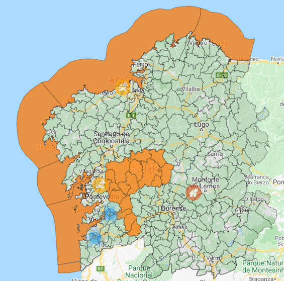 Alerta laranxa por choivas na Cañiza, Covelo e nas Rías Baixas