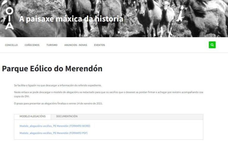 O Concello de Oia pon a disposición da veciñanza o modelo de alegacións contra o parque eólico do Merendón