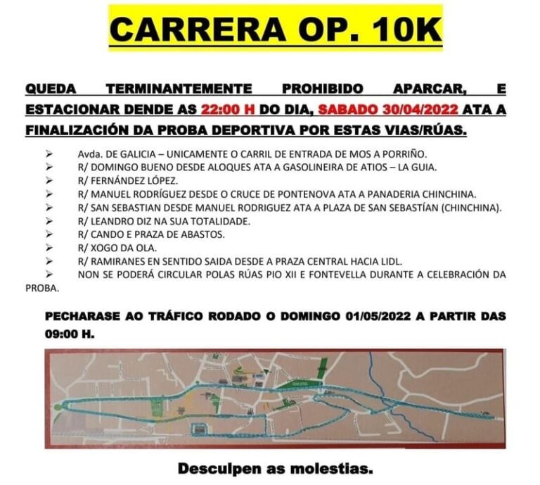 Estes son os cortes de tráfico que haberá pola carreira “O Porriño 10K”