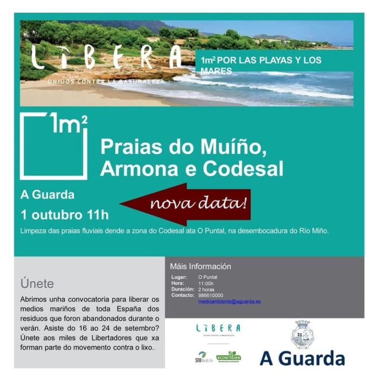 A Guarda participa o 1 de outubro no proxecto “Libera” de limpeza de praias